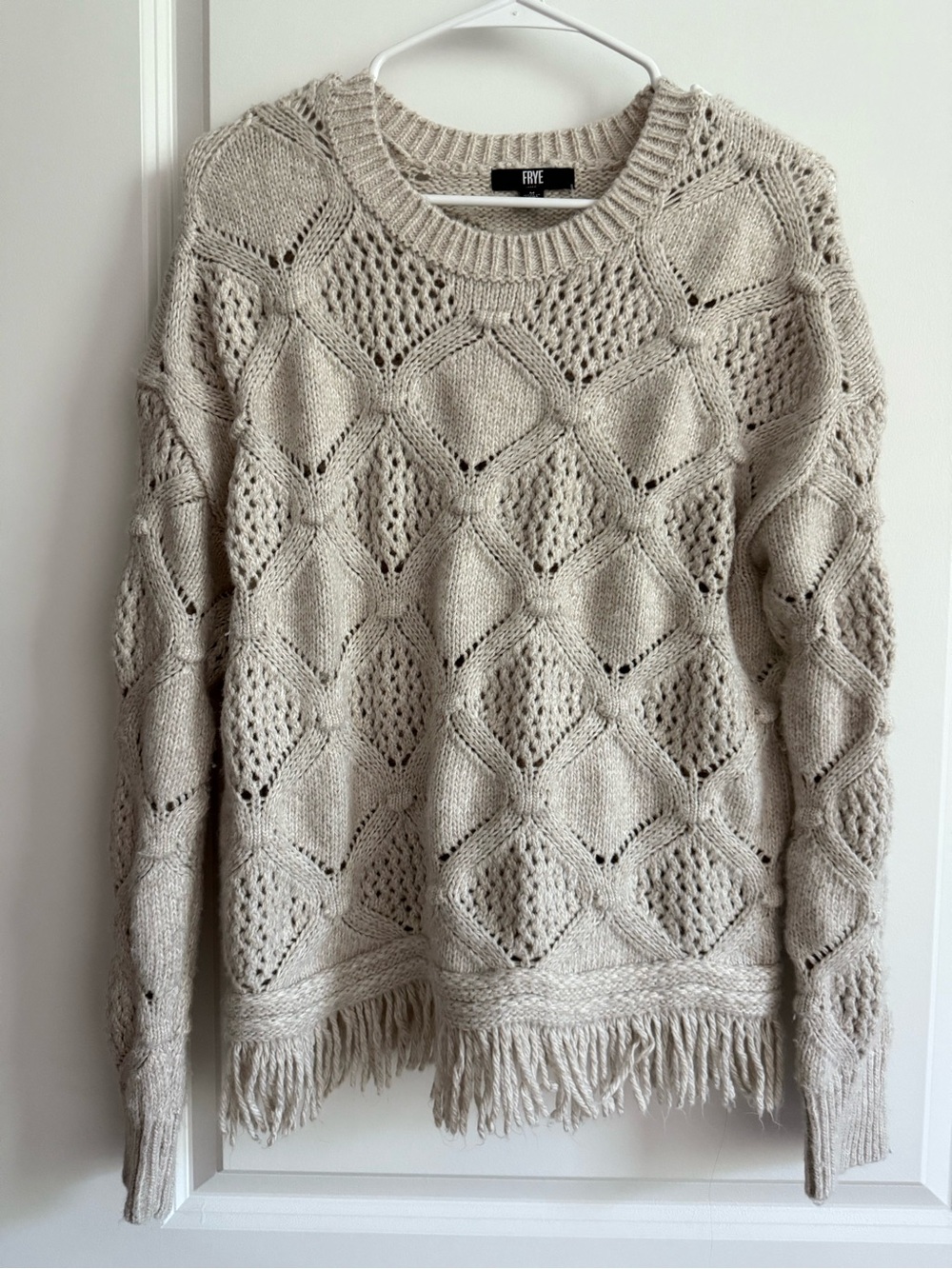 Frye Oatmeal Fringe Crewneck Sweater | Boho Chunky Textured Pullover, Medium